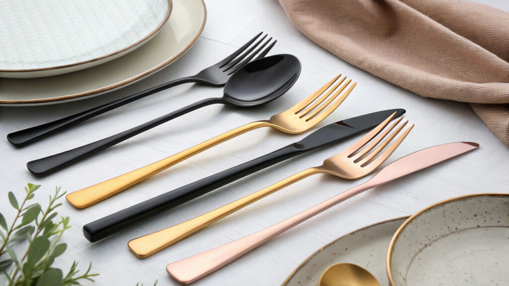 A collection of PVD coated flatware in various colors like black, gold, and rose gold