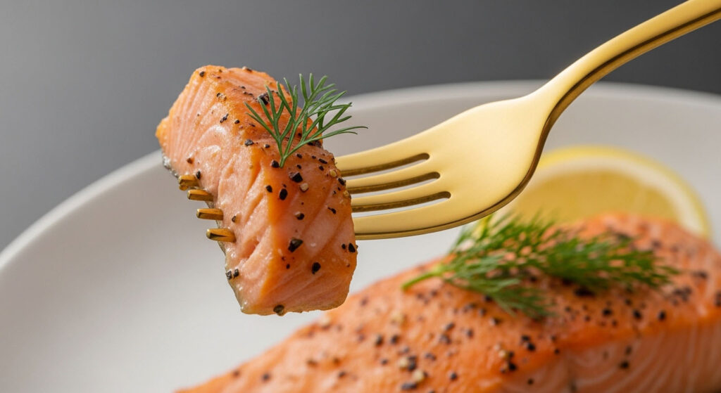 A close-up of a gold PVD coated fork picking up a piece of food, emphasizing its safety