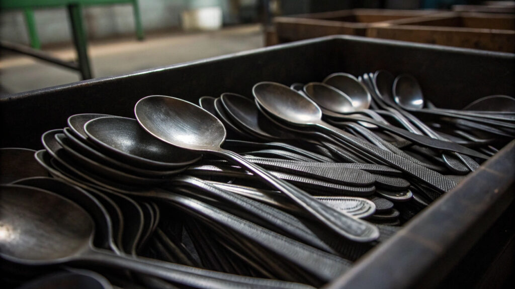 A factory production line for stainless steel flatware