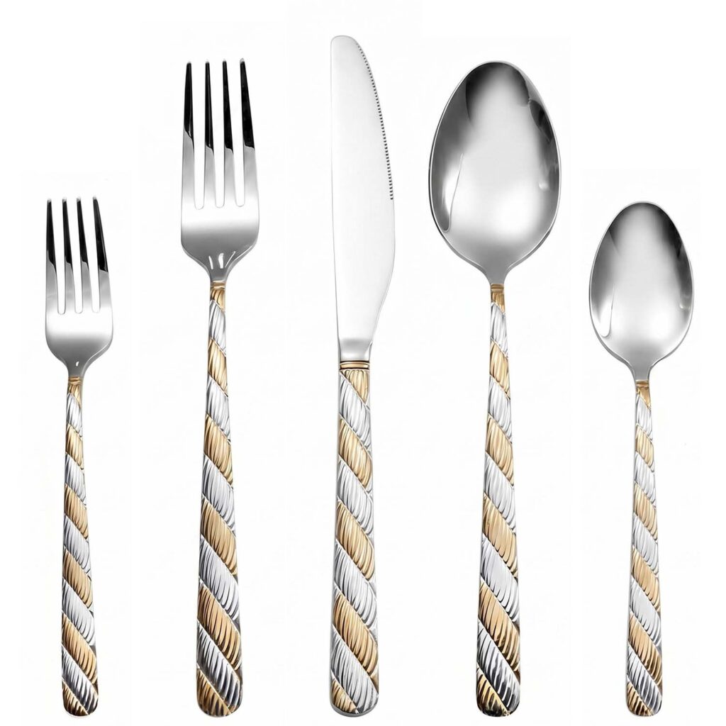 Stainless Steel Cutlery with Twisted Hammered Texture Design and Partial Gold Plating