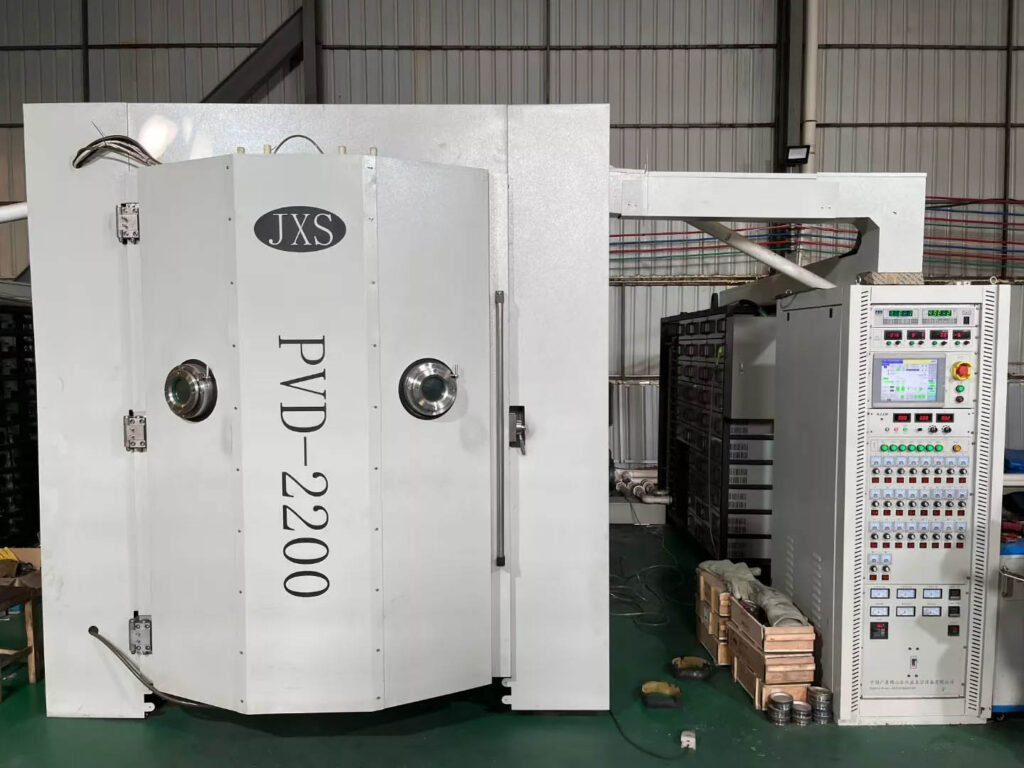 A picture of the inside of a PVD vacuum chamber with flatware loaded