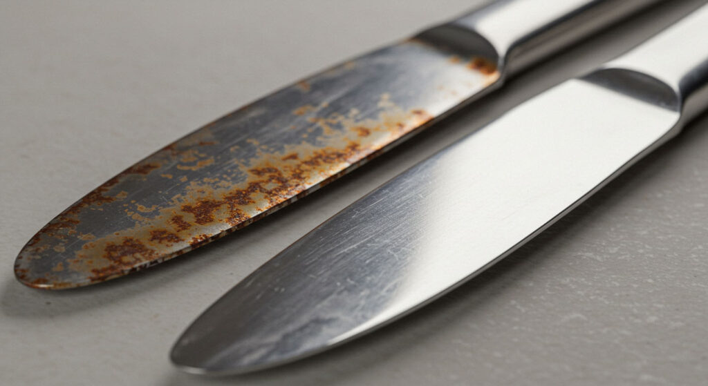 Perfectly shiny stainless steel cutlery contrasted with a rusty spoon