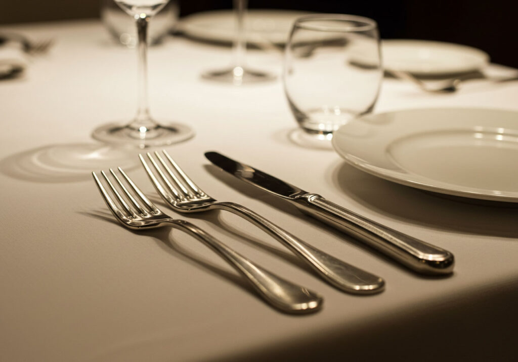 A set of high-quality stainless steel flatware gleaming on a table