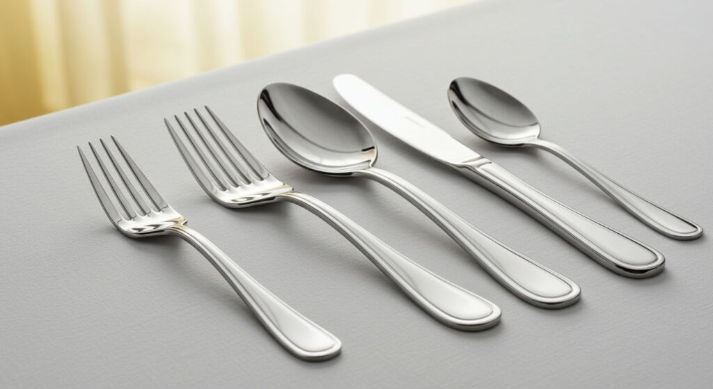 A luxurious set of 18/10 stainless steel flatware shining