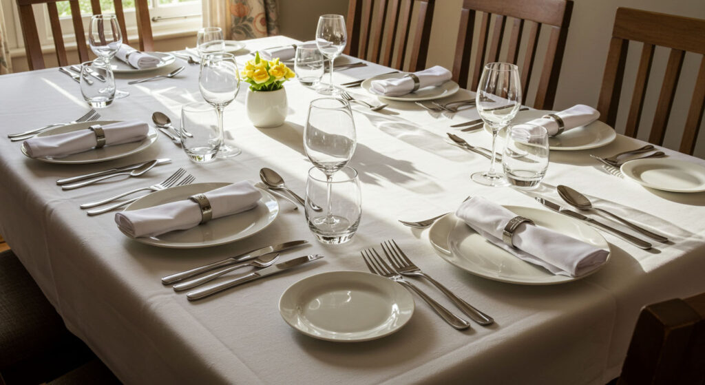 A five-piece place setting on a plate