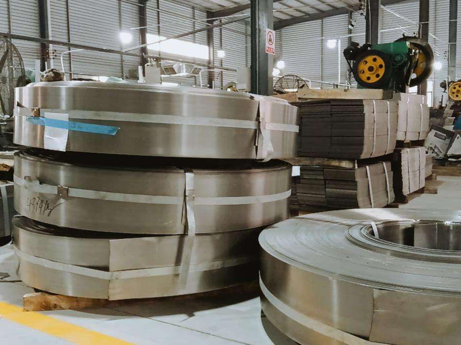Raw stainless steel material Rolls of stainless steel sheets in a factory