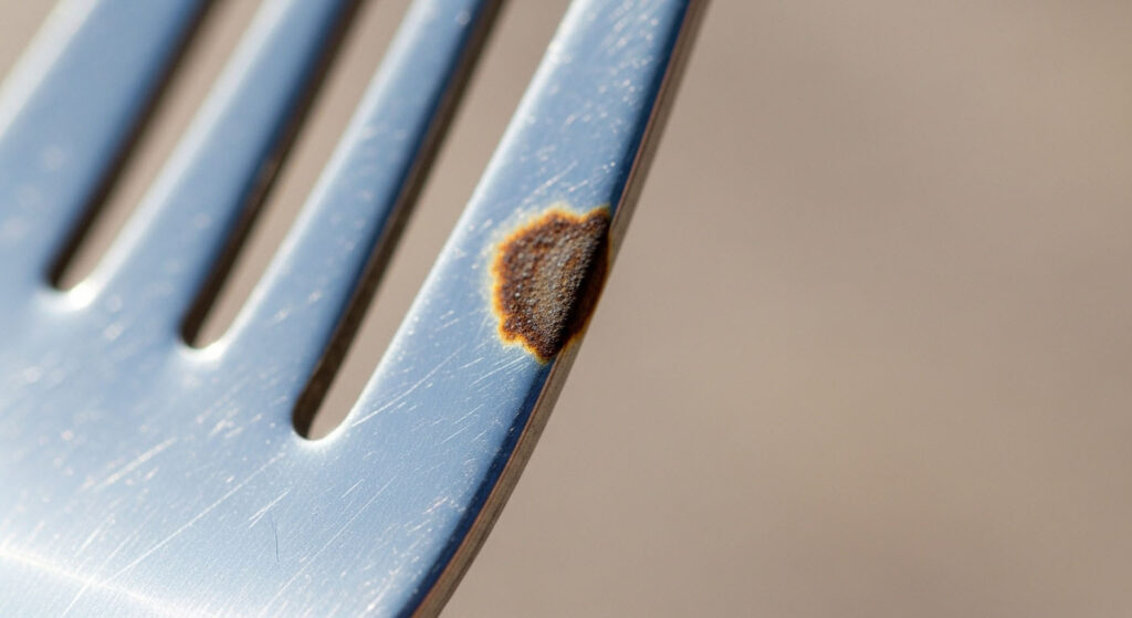 A person closely examining a small rust spot on the tines of a fork