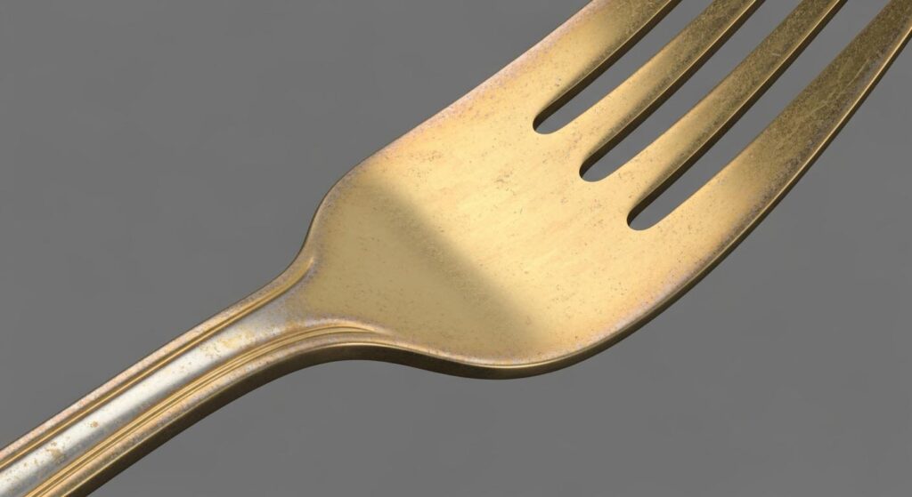 A close-up image of a scratched gold-plated fork showing the steel base metal underneath