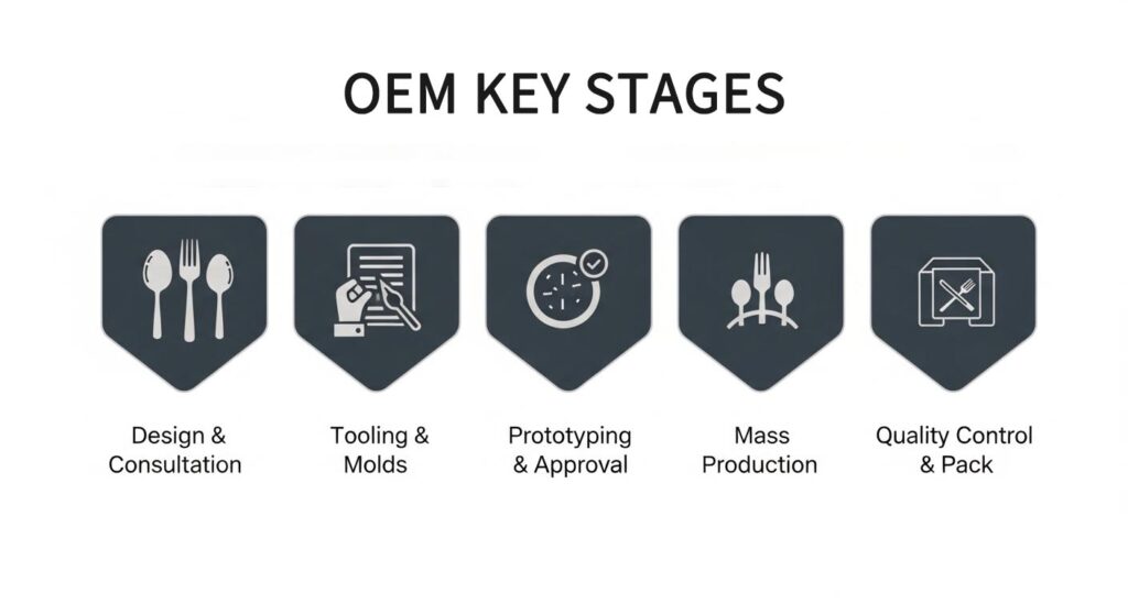 A flowchart graphic illustrating the 5 key stages of OEM production, from design to quality control