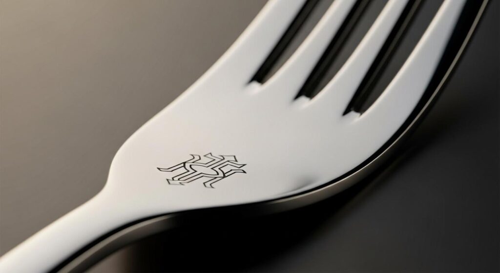A magnified view of a laser-engraved logo, showing the texture on the steel