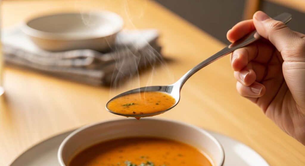 A family happily eating soup with shiny stainless steel spoons