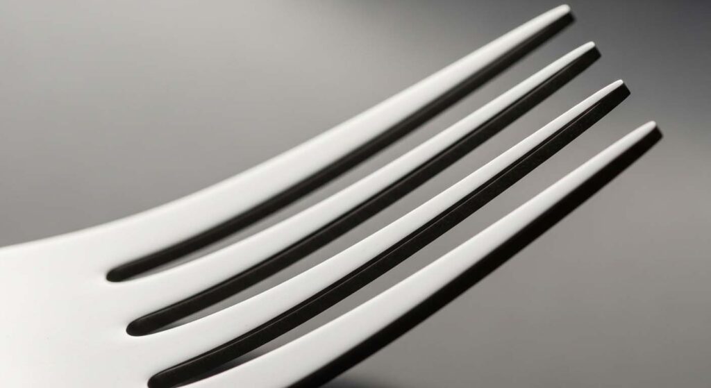 A close-up shot focused on the perfectly polished gaps between the tines of a fork