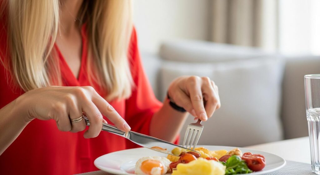 A happy family enjoying a meal together, using shining stainless steel cutlery