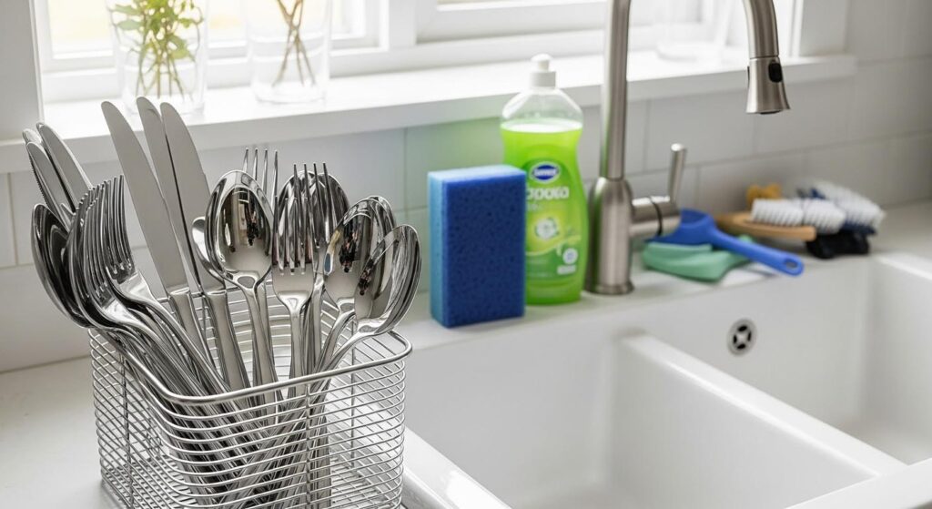 A variety of cleaning tools next to shiny stainless steel flatware