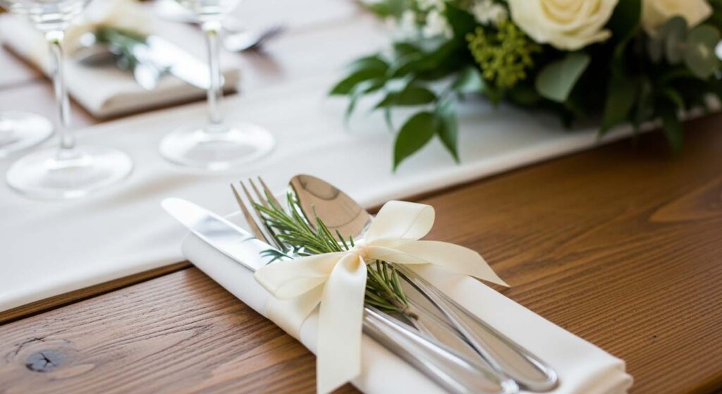 A close-up of a neatly rolled silverware bundle tied with a silk ribbon and a sprig of greenery