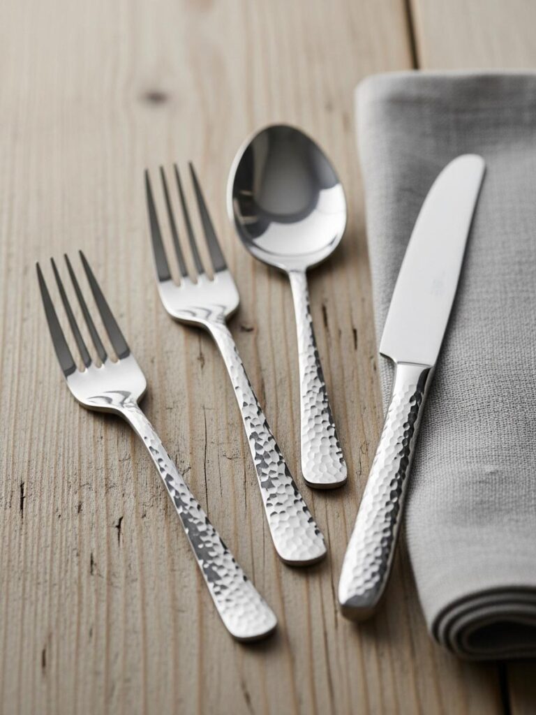 Hammered stainless steel cutlery with handcrafted texture