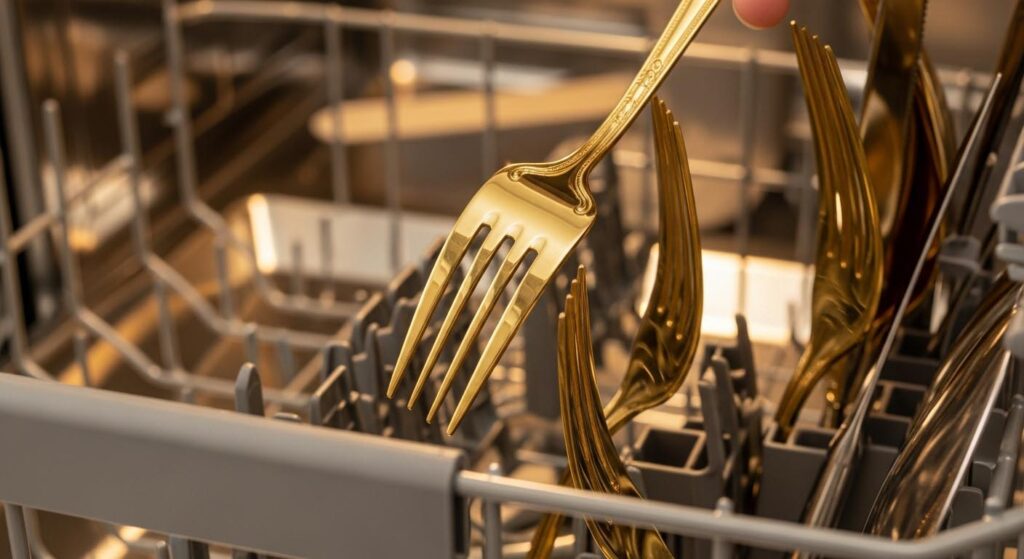 A PVD gold fork being safely placed into a cutlery basket in a dishwasher