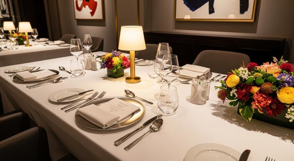 A luxurious table setting in a high-end restaurant with unique flatware
