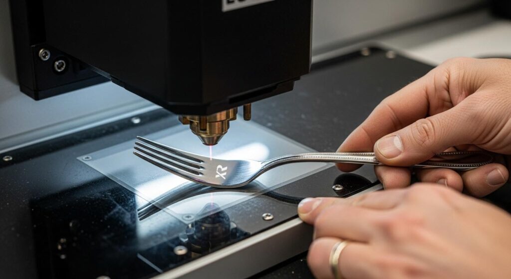 A production line showing flatware being customized with a logo