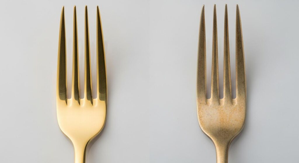 A side-by-side comparison of a new PVD gold fork next to a worn, faded electroplated fork