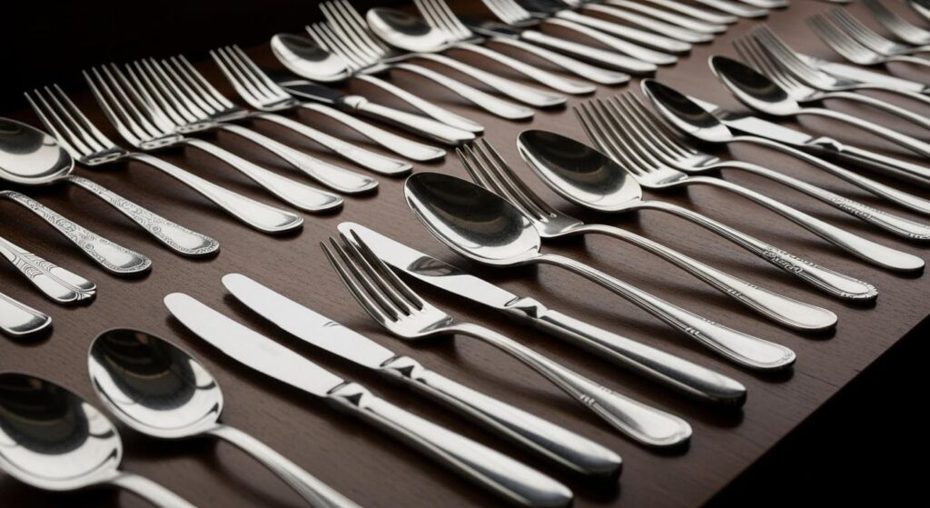 A variety of restaurant flatware styles lined up for selection