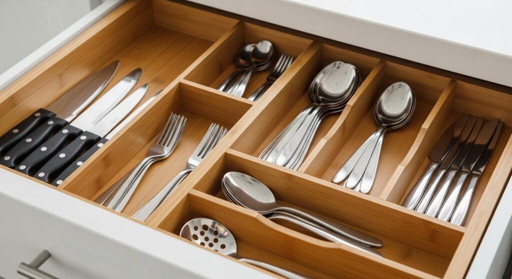 A neat kitchen drawer with a cutlery organizer full of shiny flatware
