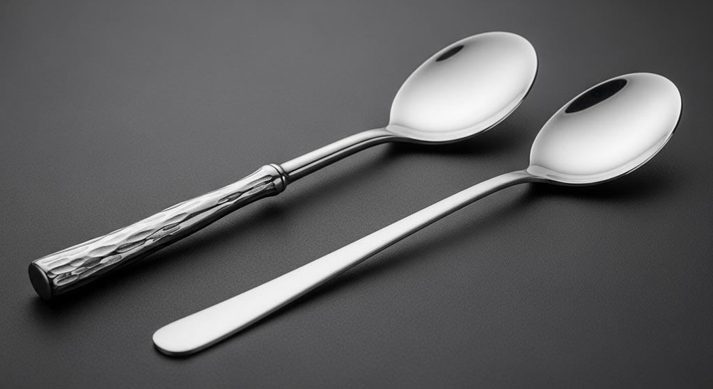A side-by-side comparison of a heavy forged fork and a lighter stamped fork