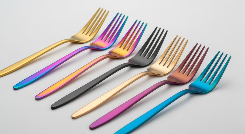 A collection of titanium-coated flatware in various modern colors like black, gold, and bronze