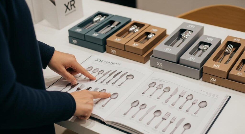 A customer pointing to a design in a factory's product catalog, with examples of logos and packaging nearby