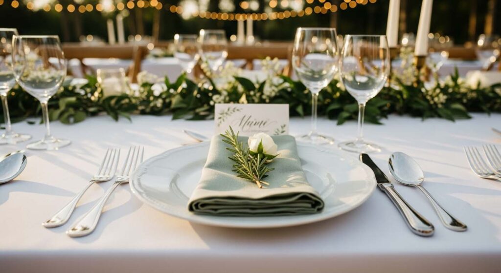 A complete 5-piece place setting with serving utensils laid out on a linen napkin