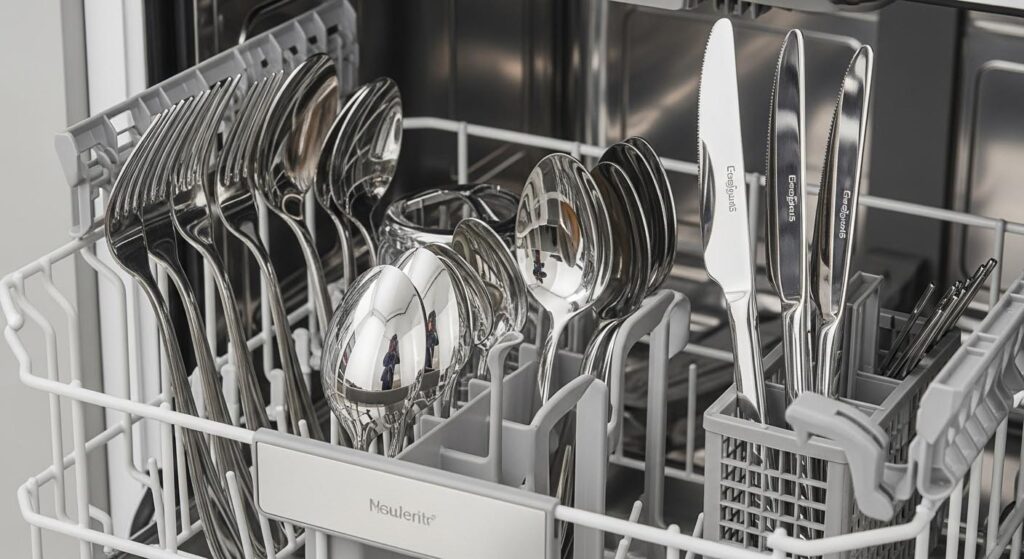 A piece of logo-engraved flatware being sprayed by a high-pressure water jet in a dishwasher