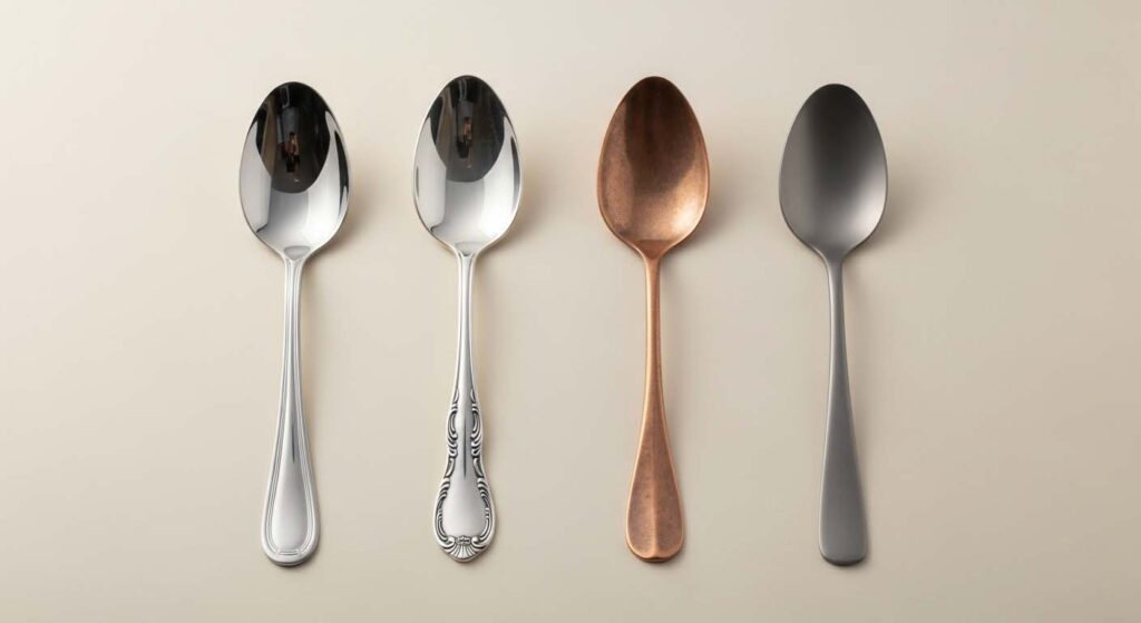 An assortment of spoons made from different metals like stainless steel, silver, and titanium