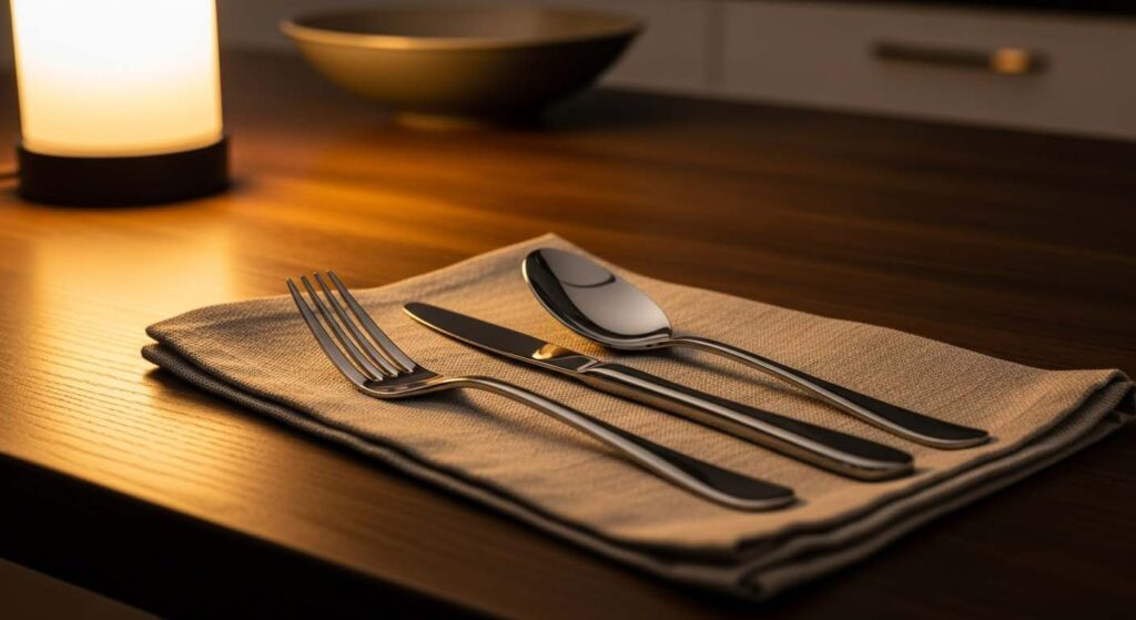 An old but still perfectly usable stainless steel fork resting on a well-worn family recipe book