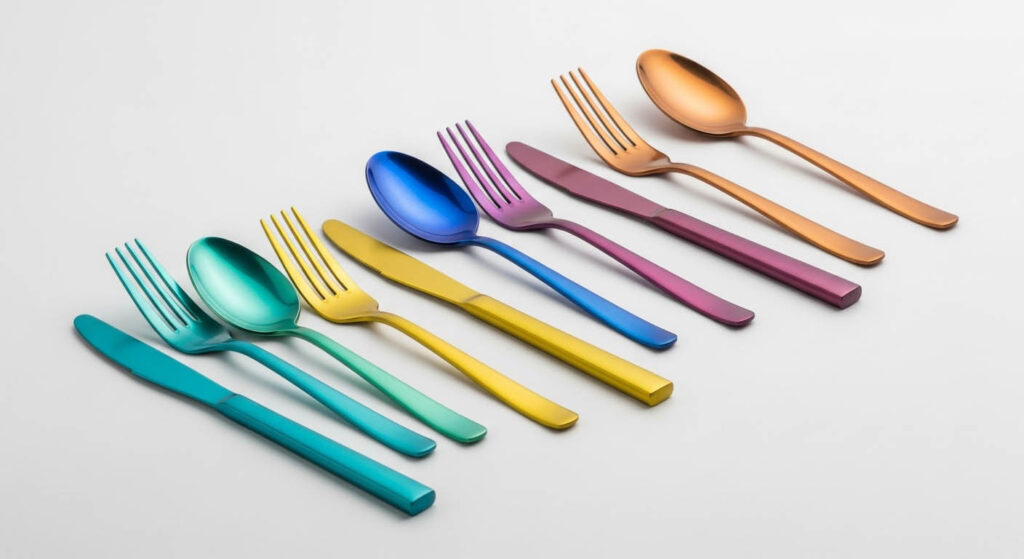 A futuristic display of colorful and minimalist stainless steel cutlery