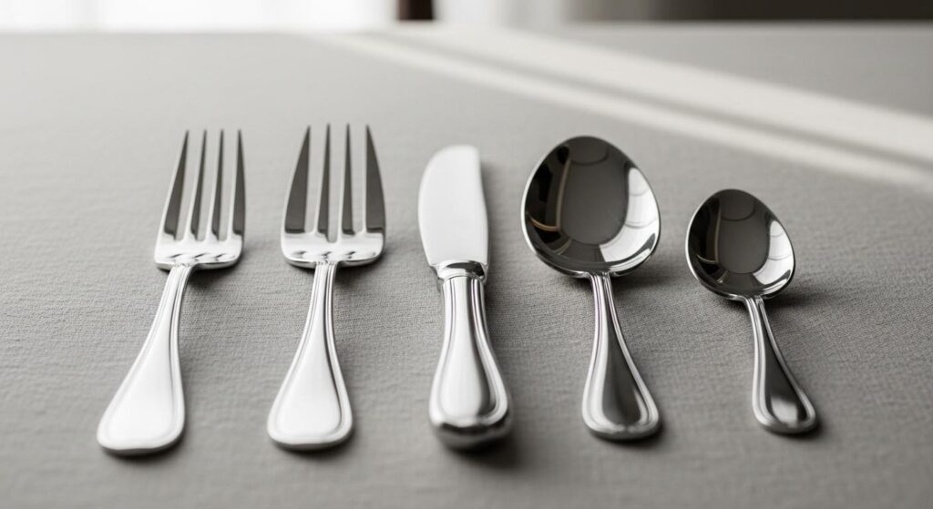 A perfectly laid out 5-piece cutlery setting on a dining table