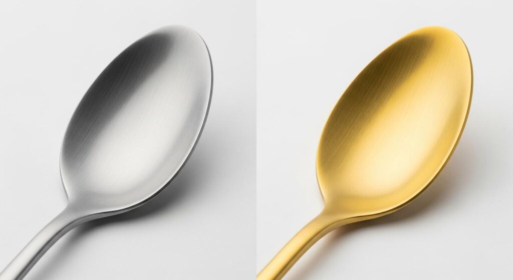 A before-and-after shot of a stainless steel fork and the same fork after a gold titanium PVD coating