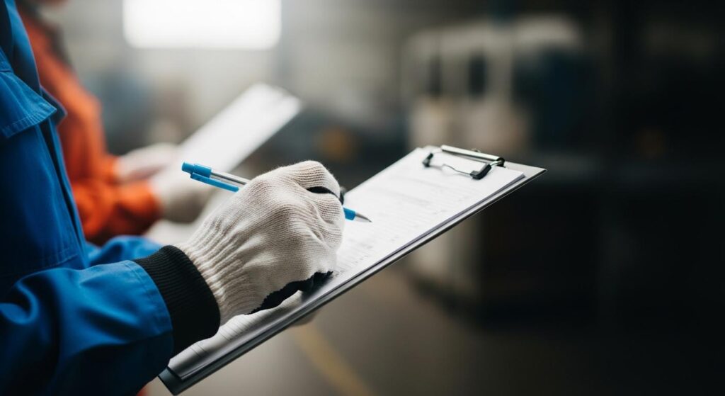 An inspector in a factory, checking certifications and looking at the production line with a clipboard