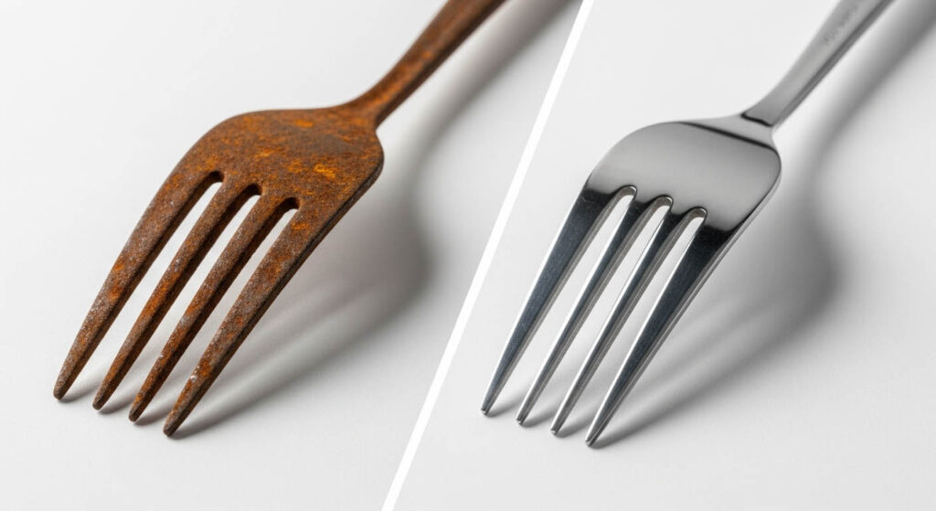 A side-by-side comparison of a rusty iron fork and a shiny stainless steel fork