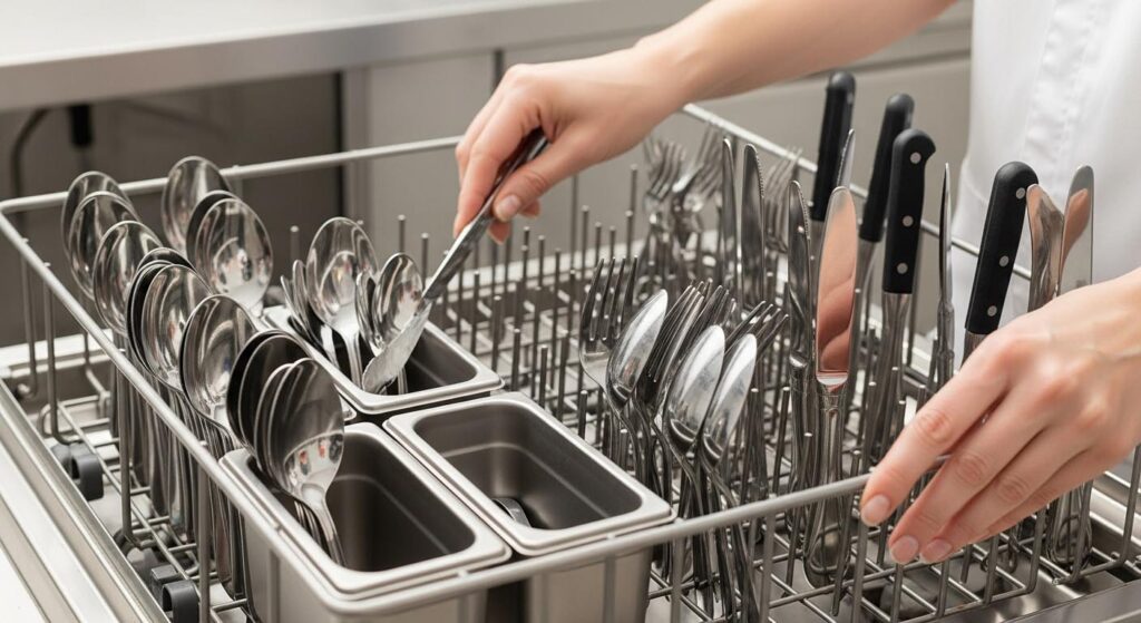 Silverware being loaded into a commercial dishwasher rack