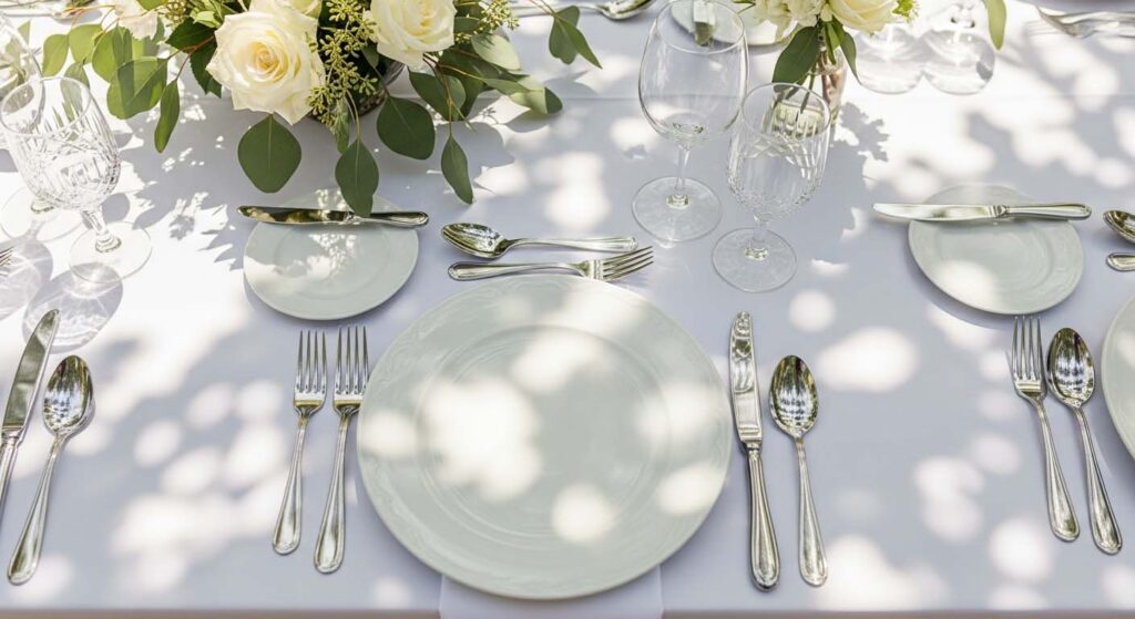 A clear diagram showing the correct etiquette for placing wedding silverware around a dinner plate