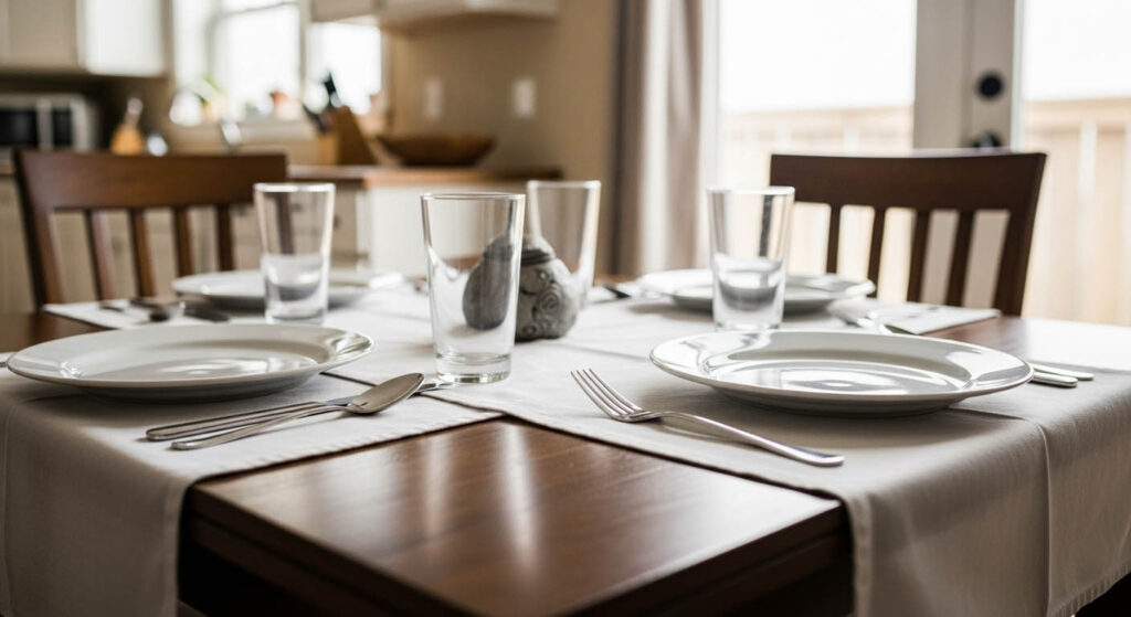 A family setting the table with durable, everyday stainless steel flatware