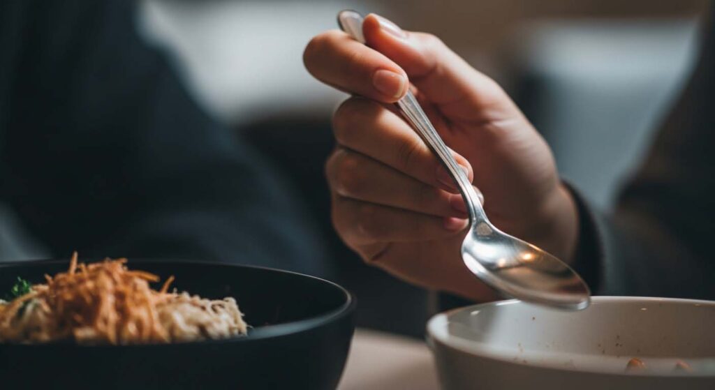 A person holding a fork horizontally on their finger, demonstrating its perfect balance point