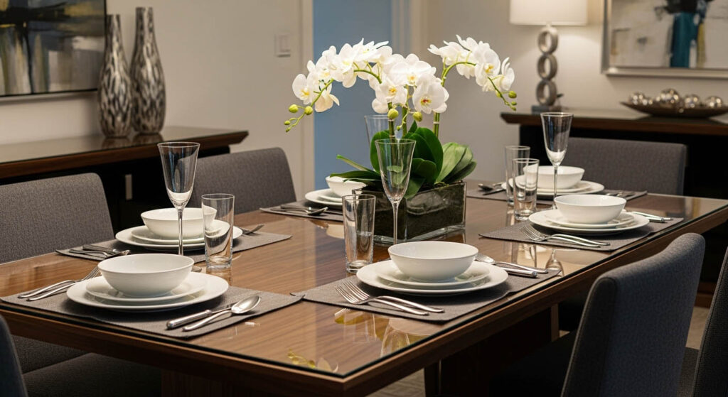 A modern family using shiny stainless steel cutlery at a dinner table
