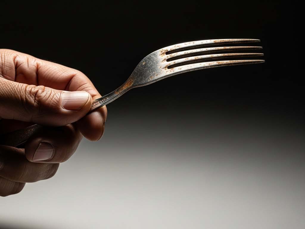What to Avoid When Buying Silverware A close-up of a fork with rust spots forming between the tines