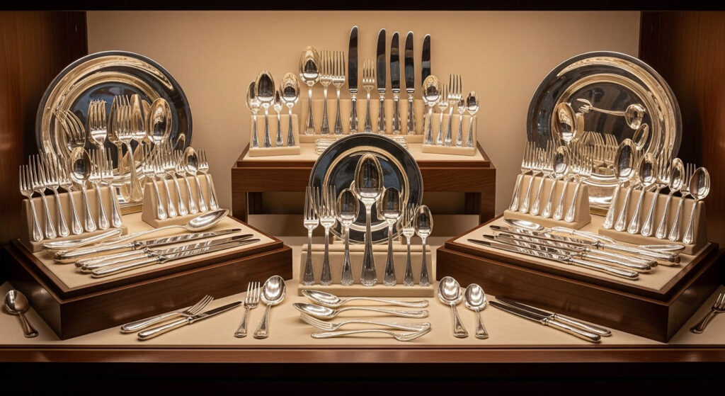 A luxurious display case showing both gleaming sterling silver and 18/10 stainless steel flatware