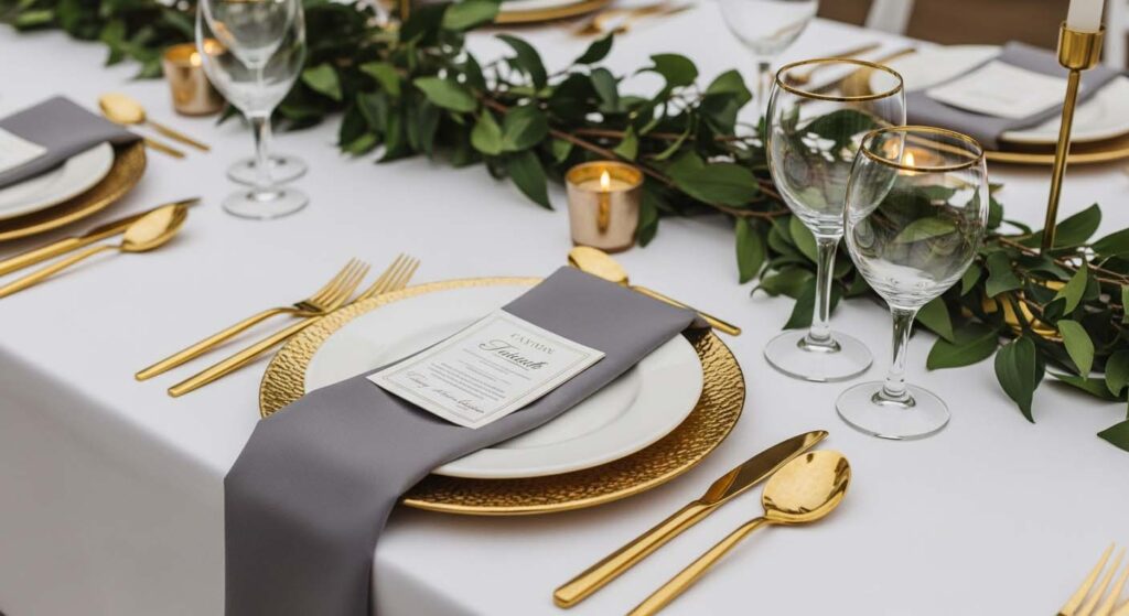 A beautifully set wedding table showcasing gold, silver, and matte black silverware options