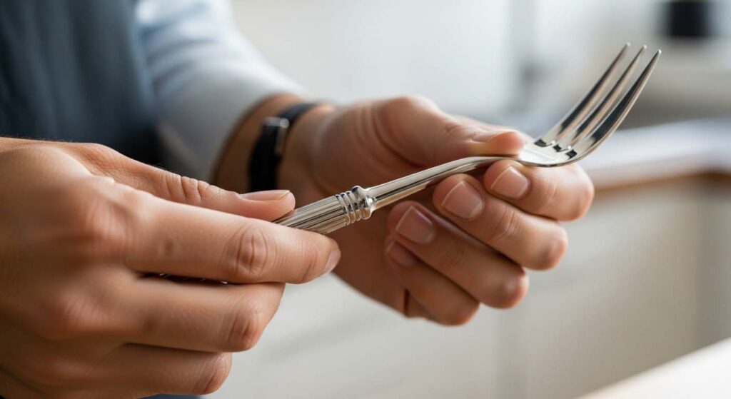 A hand holding a piece of high-quality cutlery, examining the polished finish and weight