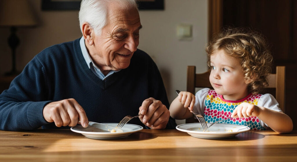 An elderly person's hand passing a piece of classic stainless steel cutlery to a younger person's hand