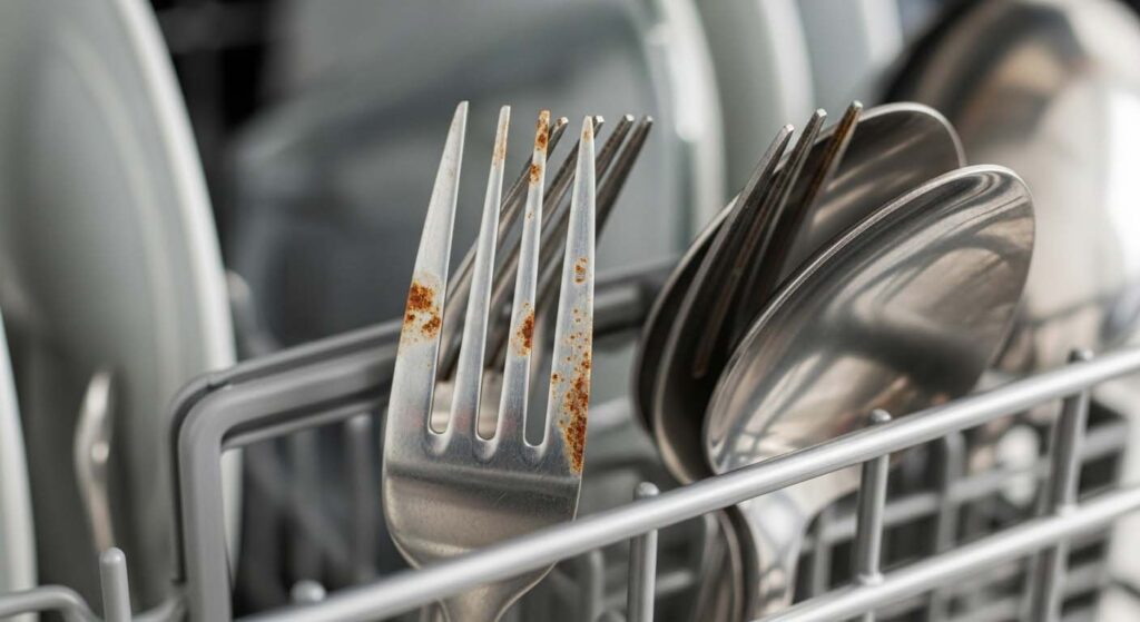 Close-up of rust spots on cutlery inside a dishwasher basket