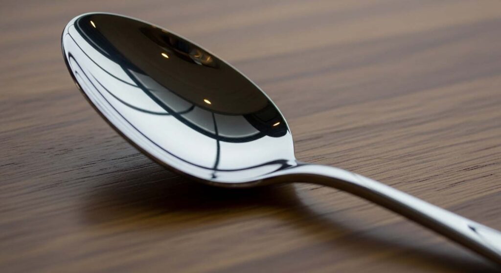 A shiny, high-quality 18/10 stainless steel spoon reflecting light